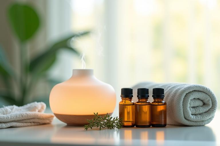 Ätherische Öle und eine ruhige Atmosphäre für Aromatherapie und Stressreduktion.